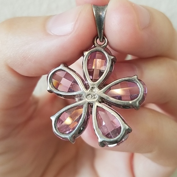 Sterling Silver and Pink Crystal Flower Pendant - Picture 5 of 7